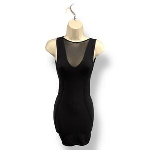 bebe Black Mesh Bodycon Mini Dress Petite Small V Neck Going Out Clubwear‎ Flaw